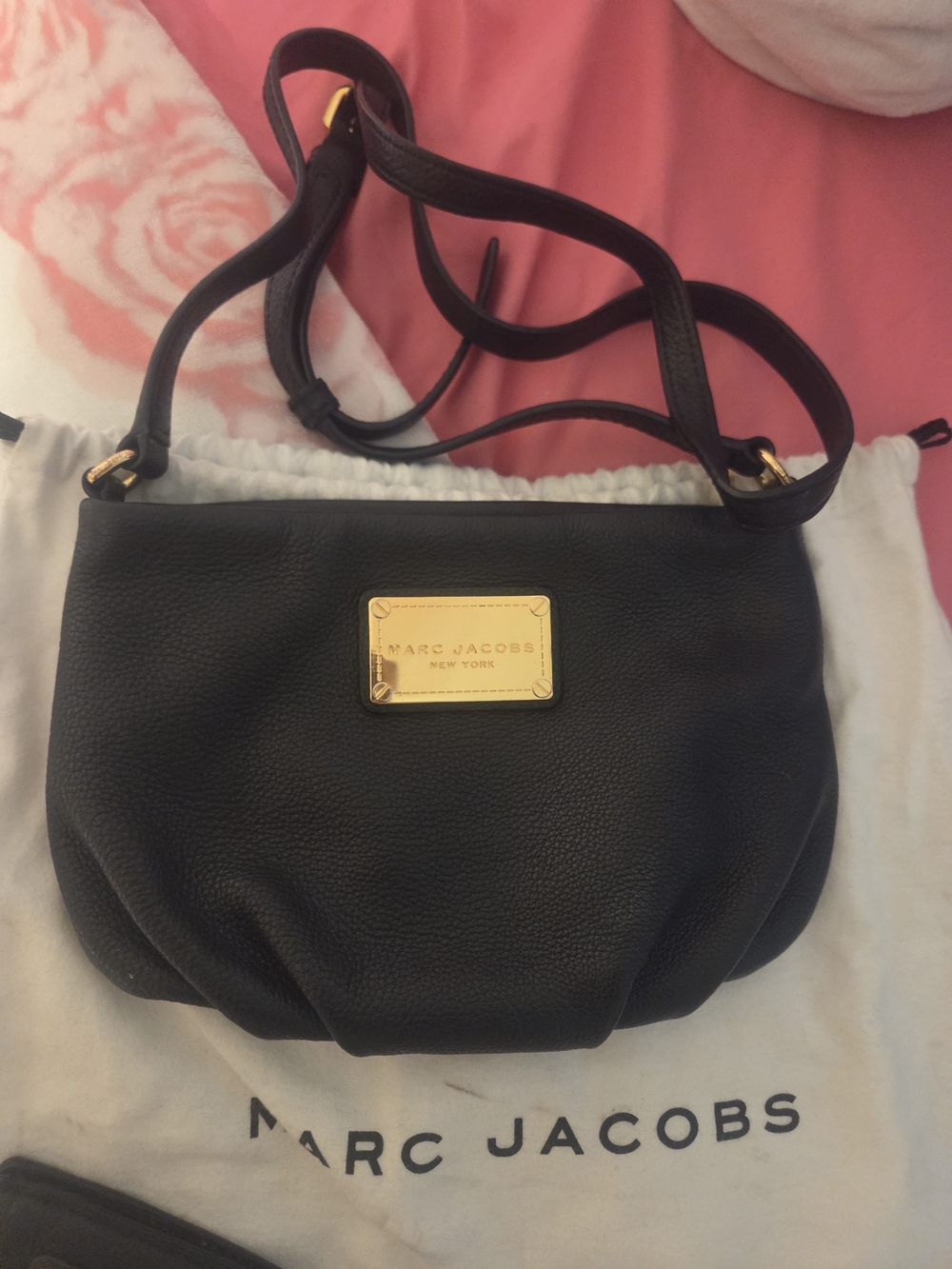 Marc Jacobs Black Pebbled Leather Crossbody with Gold Plaque